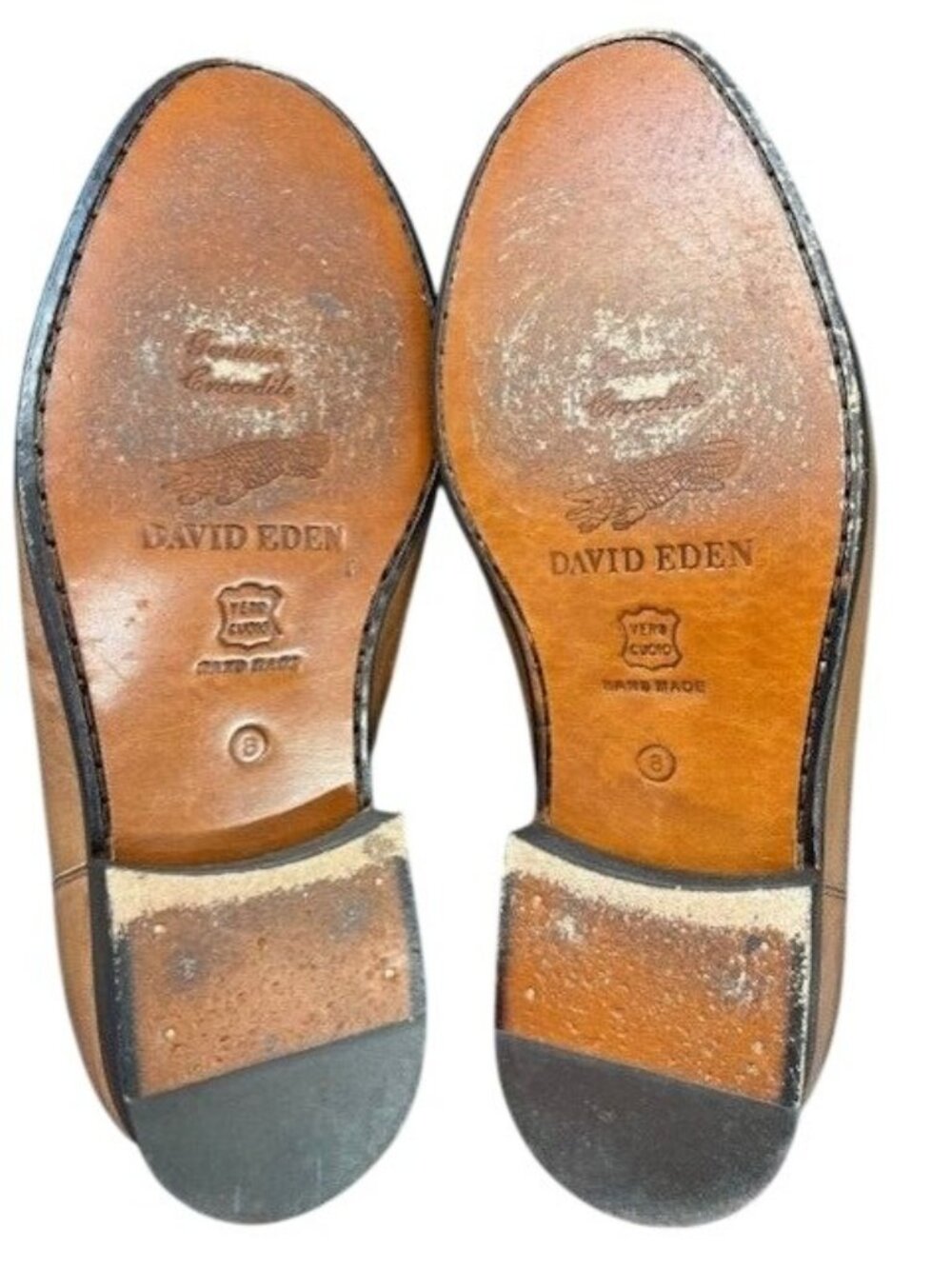 David Eden Mens Tan Leather & Crocodile Embossed Loafers Size 8 Handmade Slip-On - Picture 4 of 6